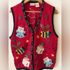 Bobbie Brooks Ugly Christmas Sweater Vest Womens Large Caroling Red Beaded